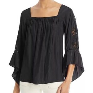 Ramy Brook NY Jackie Embroidered Satin Charmeuse Top SZ XS black bell sleeve